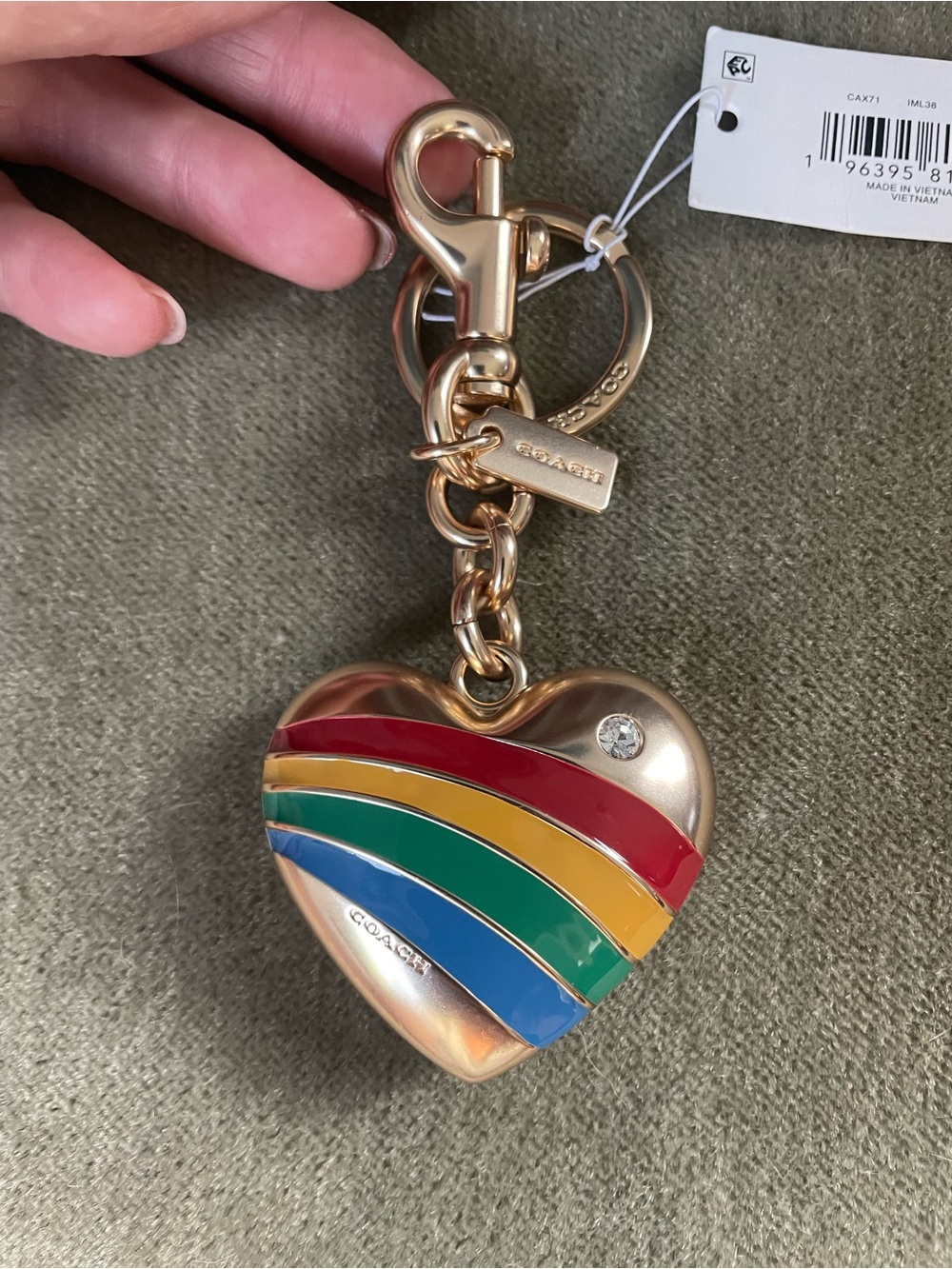 Coach Gold-tone Heart Keychain with Rainbow Enamel Stripes